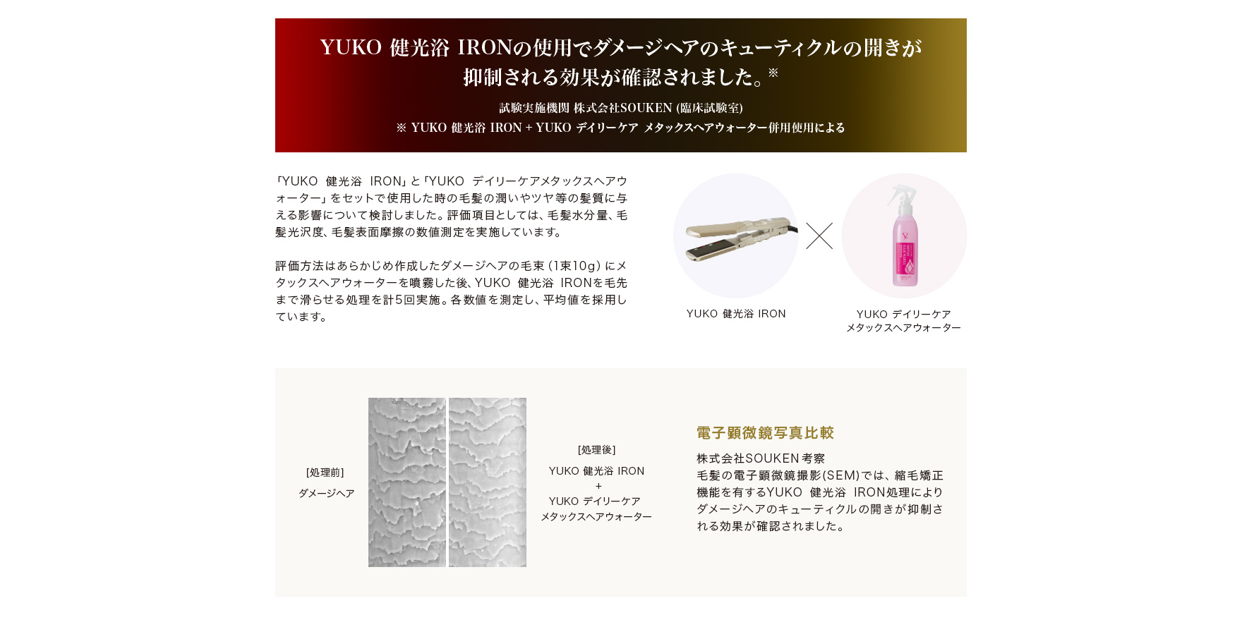 YUKO 健光浴 IRONの使用でダメージヘアのキューティクルの開きが抑制される効果が確認されました。