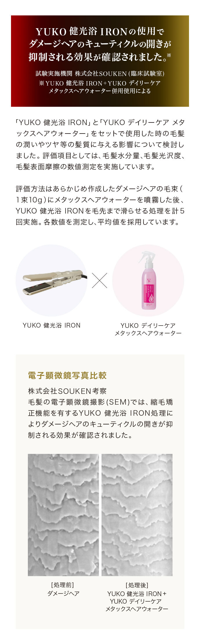 YUKO 健光浴 IRONの使用でダメージヘアのキューティクルの開きが抑制される効果が確認されました。